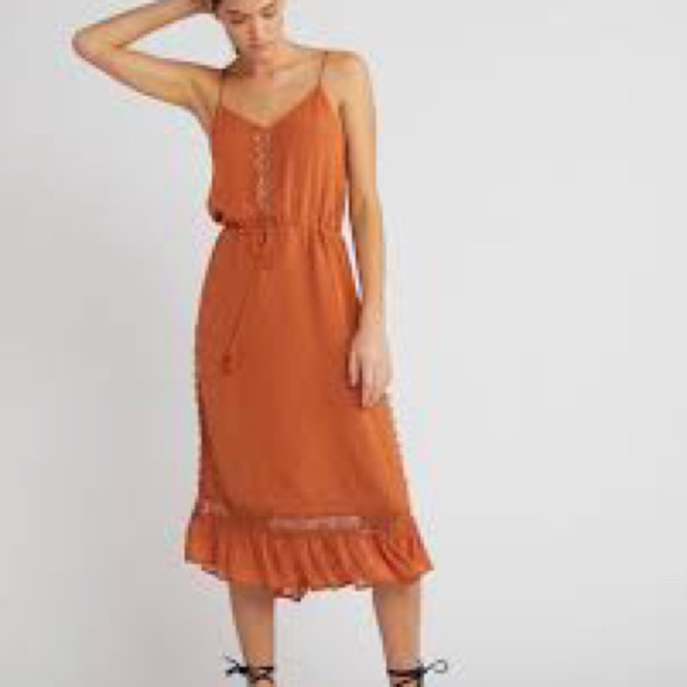 Elegant Flannel (brand) Orange Midi Dress with intricate lace